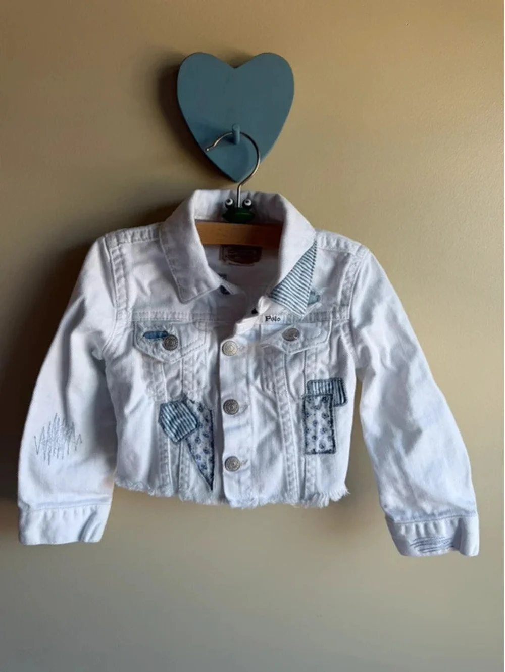 Polo Ralph Lauren White Patchwork Distressed Cropped Denim Jacket 2T